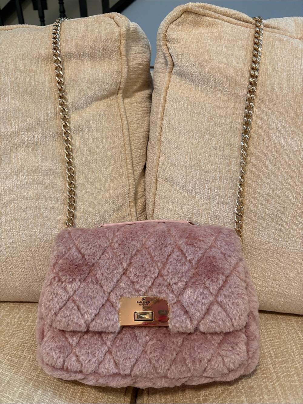 kate spade Mauve Quilted Faux-Fur Crossbody or Shoulder Bag with Gold Chain